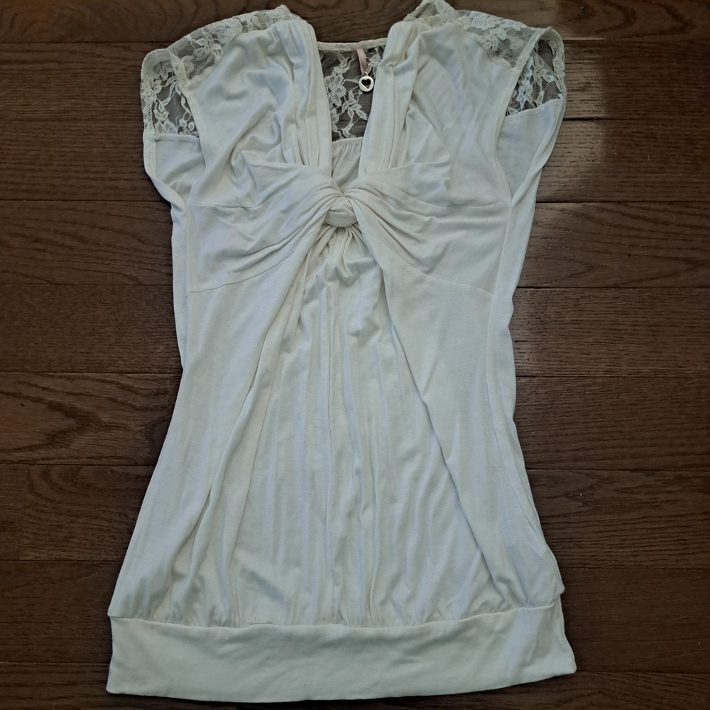 Cream Twist Front Lace Shoulder V-Neck Blouson Top KAB12841